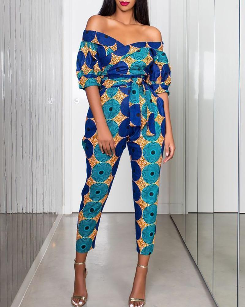 

Print Off Shoulder Tight Waist Short Sleeve Jumpsuit, Dark blue