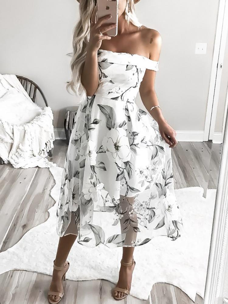 

Floral Print Pleated Off Shoulder Organza Dress