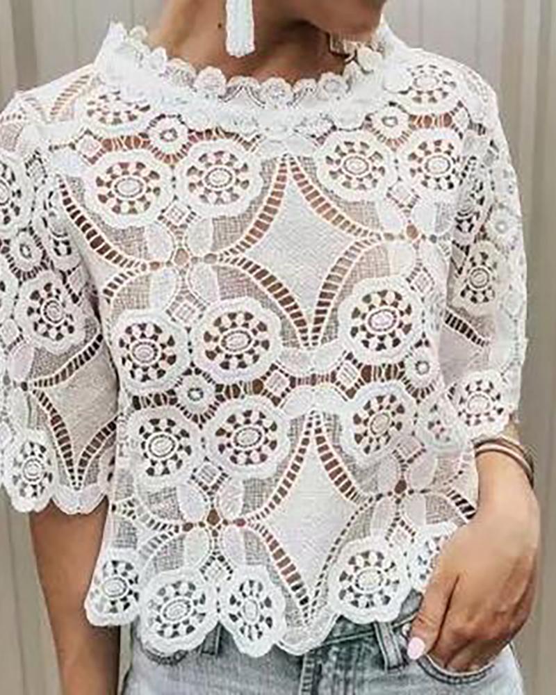 

Short Sleeve Hollow Out Lace Casual Top
