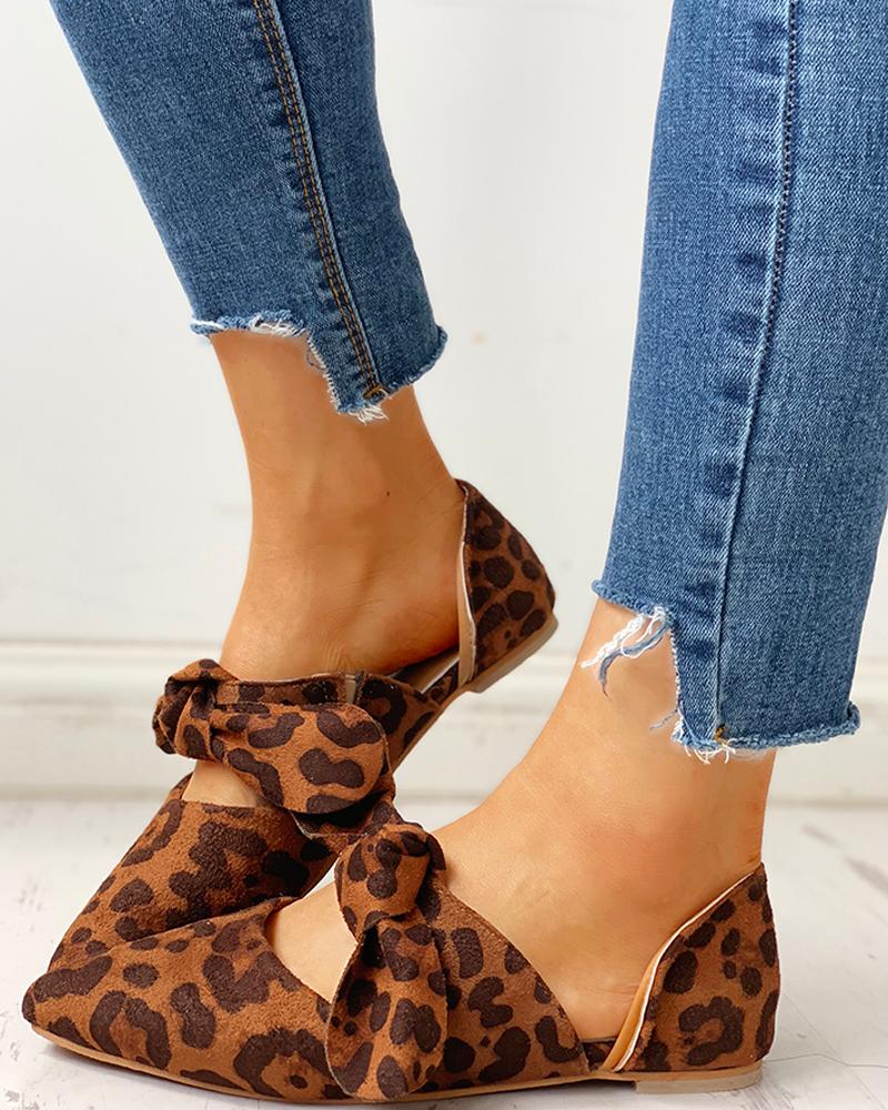 

Suede Bowknot Pointed Toe Flat Shoes, Leopard