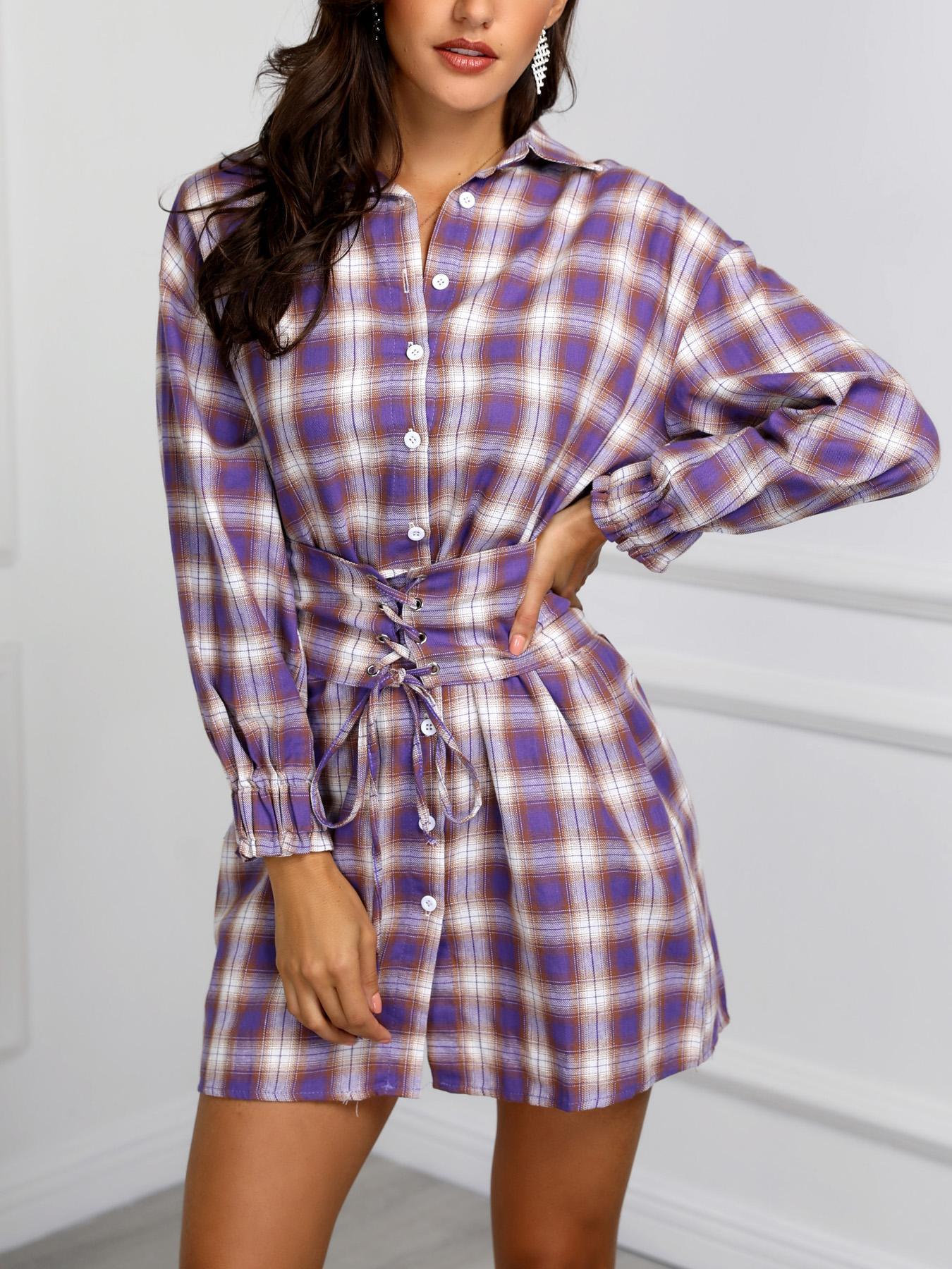 

Plaid Button Through Lace-Up Belted Shirt Dress