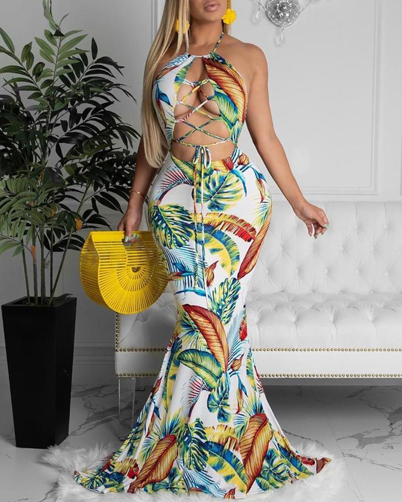

Halter Lace-up Cutout Front Tropical Print Backless Mermaid Maxi Dress, Multicolor