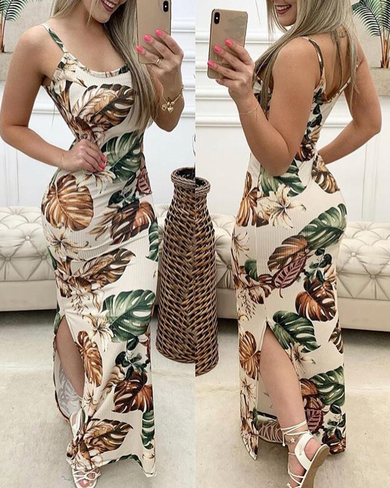 

Plam Leaf Print Slit Spaghetti Strap Maxi Dress, White