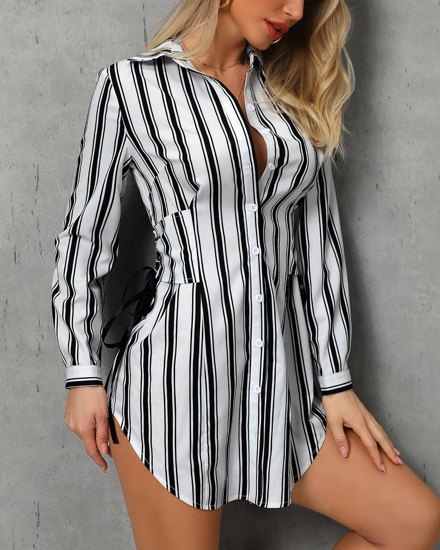 

Striped Lace-Up Design Shirt Dress, Black&white