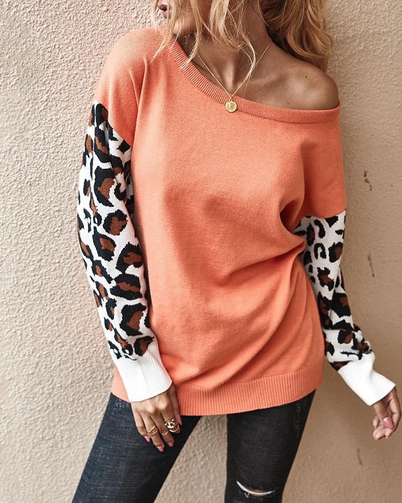 

Cheetah Print Colorblock Casual Top, Orange