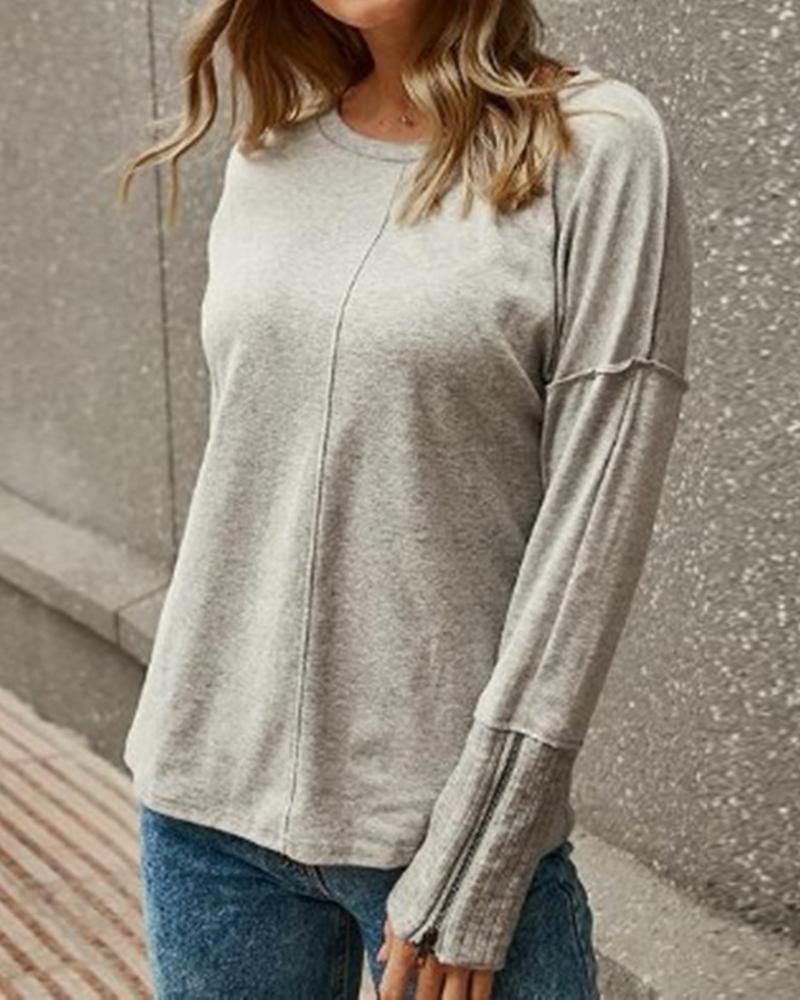 

Solid Round Neck Ribbed Zipper Slit Cuff Top, Gray