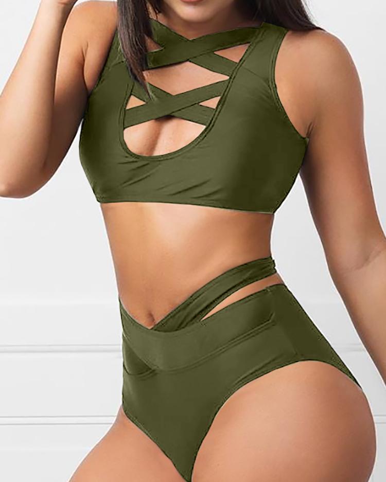 

Crisscross Bandage Cutout Tankini Set, Army green