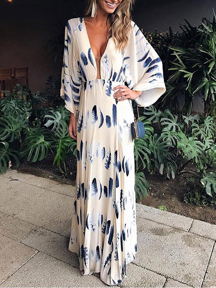 

Feather Print Plunge Batwing Sleeve Maxi Dress, White
