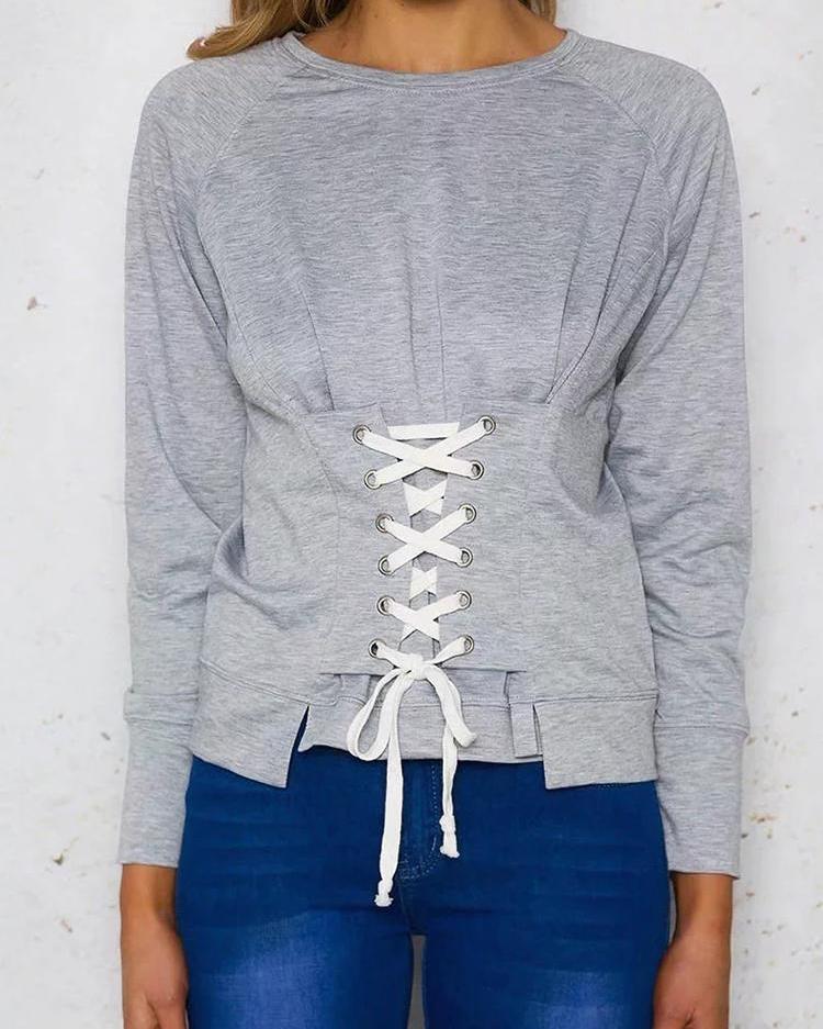 

Solid Lace-Up Front Casual Sweatshirt, Gray