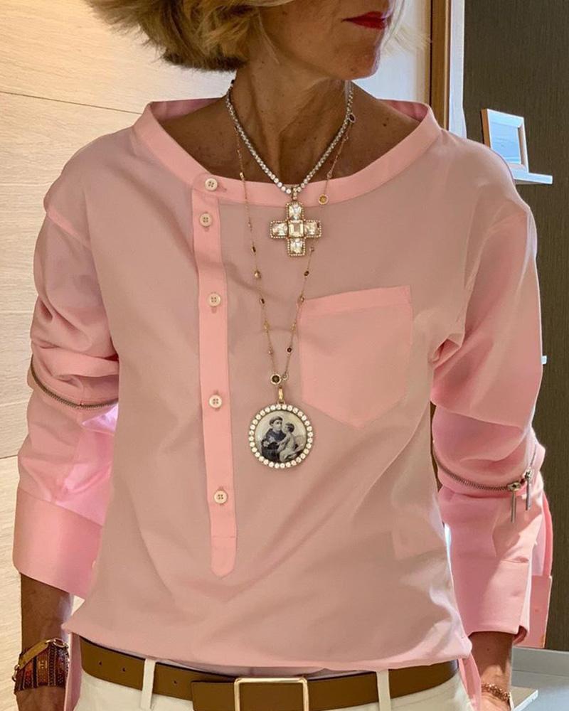 

Oblique Placket Buttoned Casual Blouse, Pink
