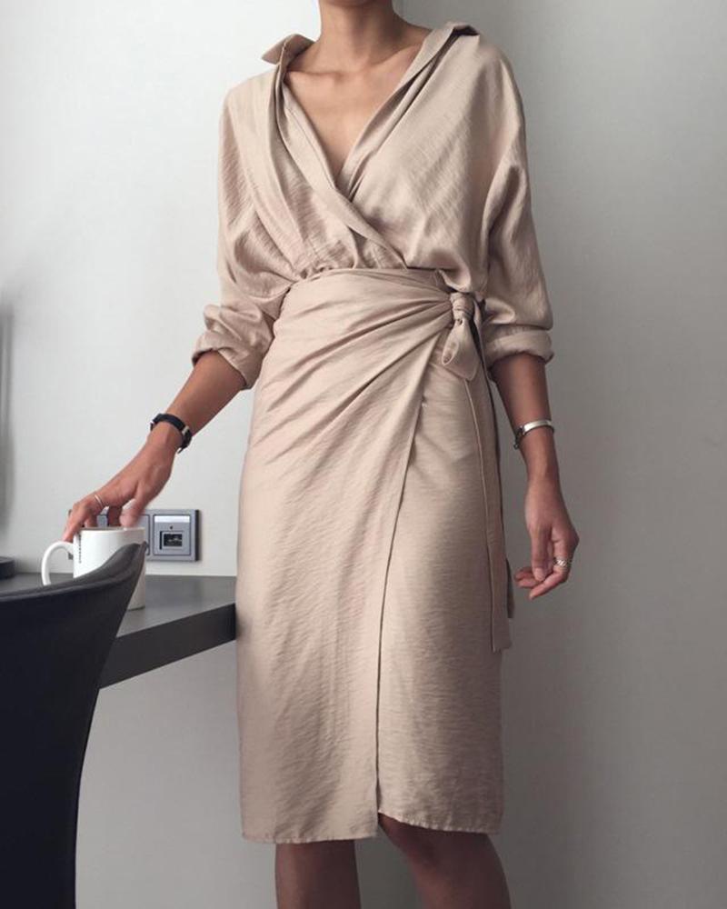 

Irregular V-neck Long-sleeved Shirt Midi Dress