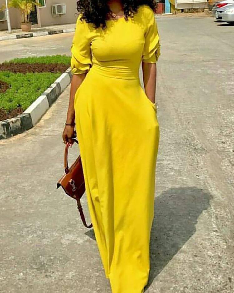 

Solid Half Sleeve Pocket Design Dress