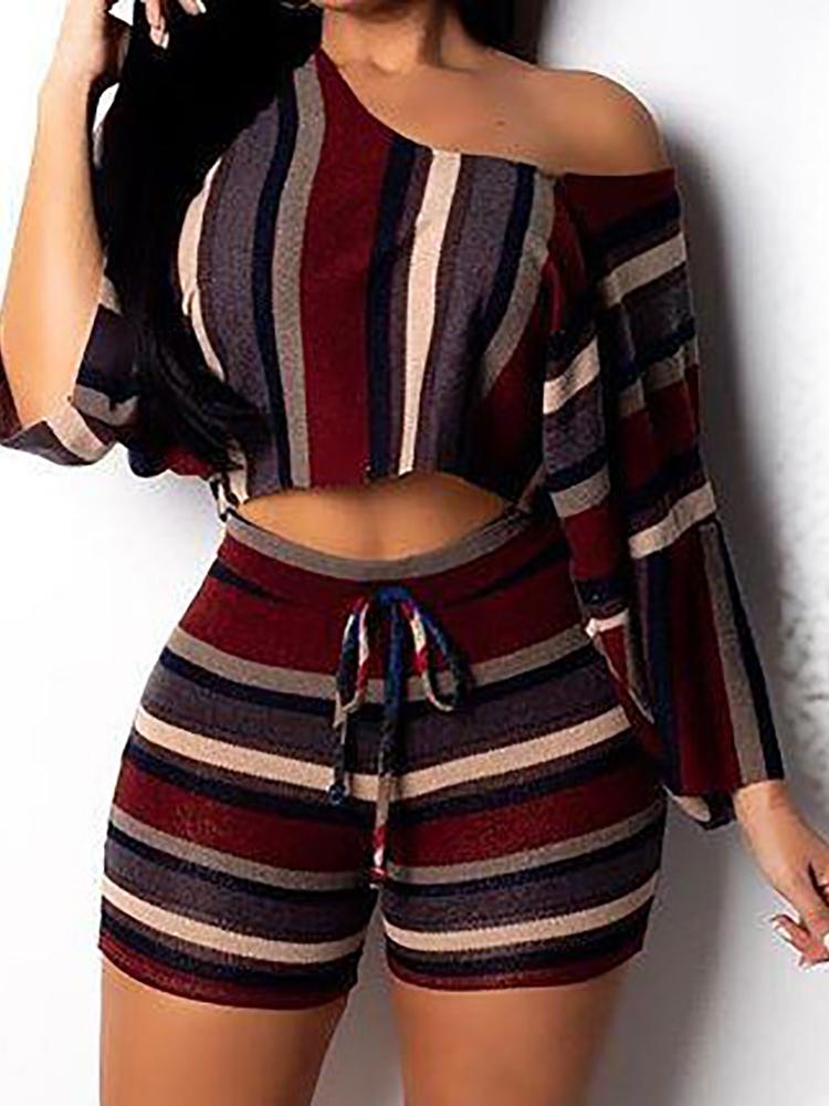 

Contrast Stripes Crop Top & Drawstring Shorts Set, Multicolor