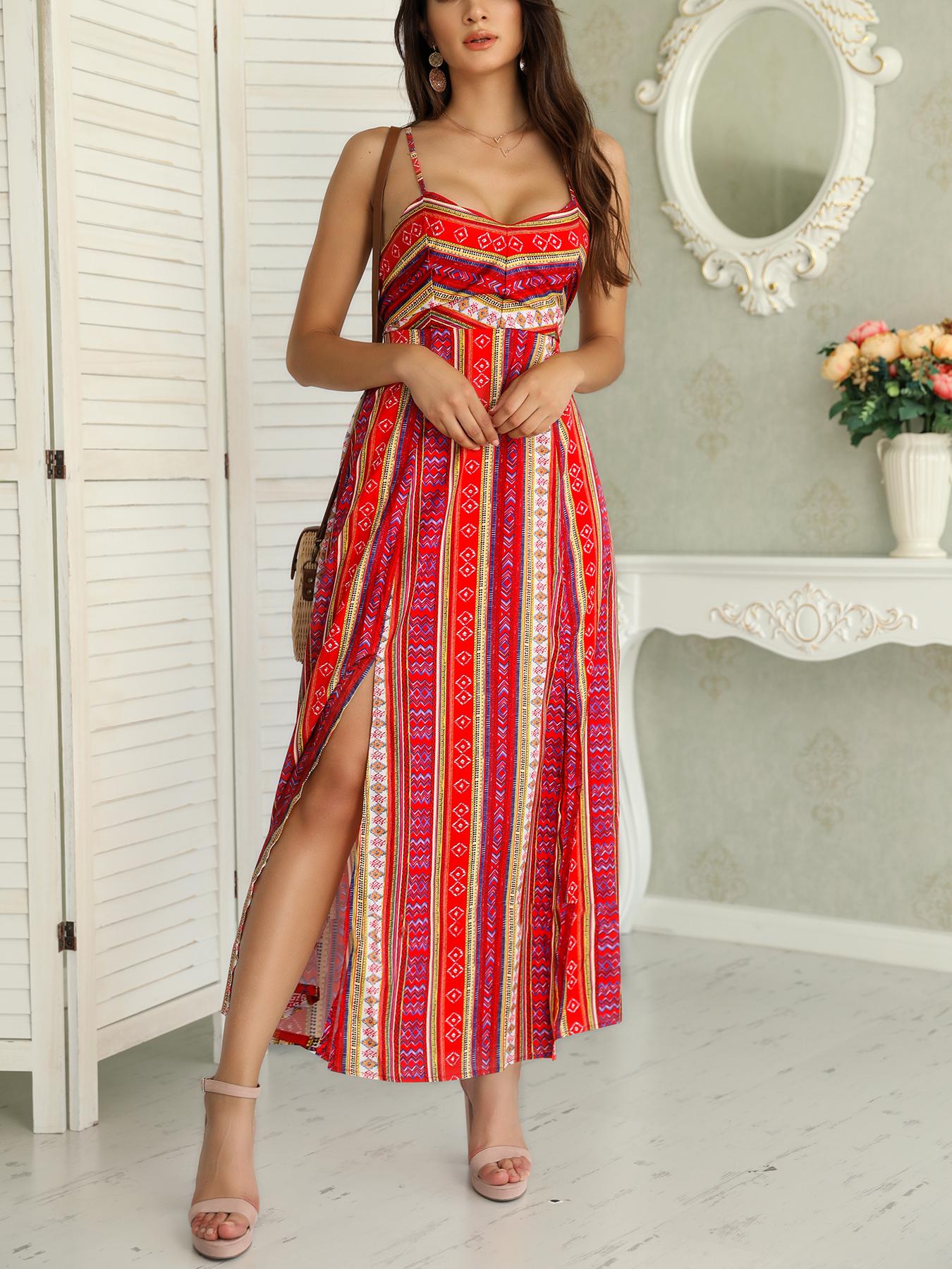 

Spaghetti Strap Lace-Up Slit Maxi Dress