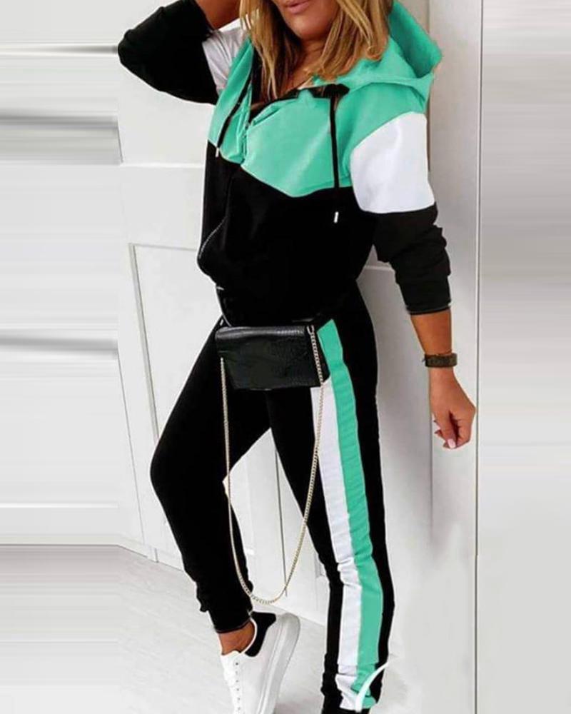 

Colorblock Zipper Design Hoodie & Pants Set, Green