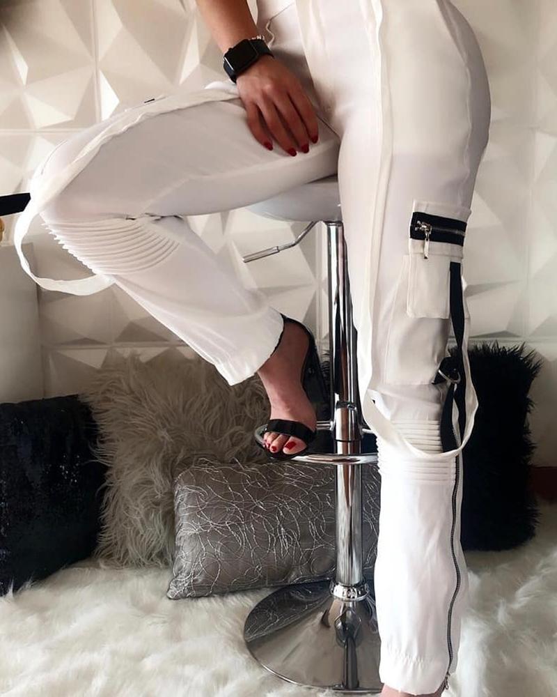 

Zipper Pocket Design Ruched Pants, White