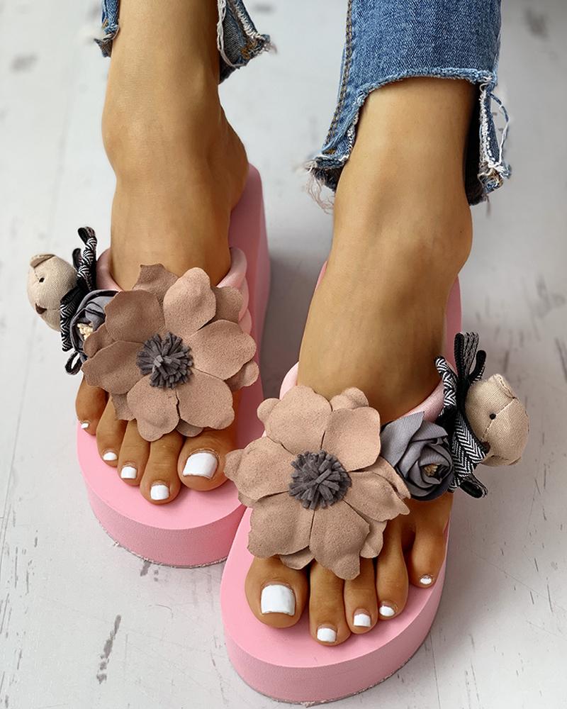 

Flower Embellished Toe Post Wedge Muffin Slipper Sandals, Pink