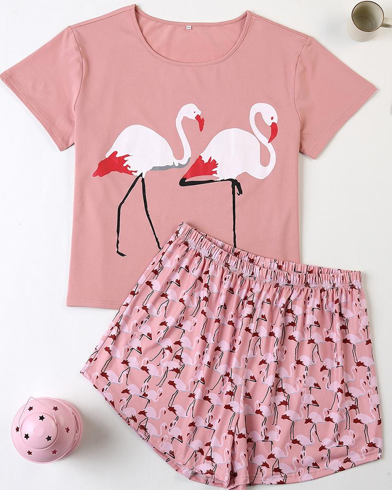 

Print Round Neck T-shirt Shorts Two-piece Pajamas, Pink