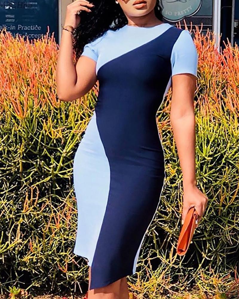 

Colorblock Insert Short Sleeve Bodycon Dress, Dark blue