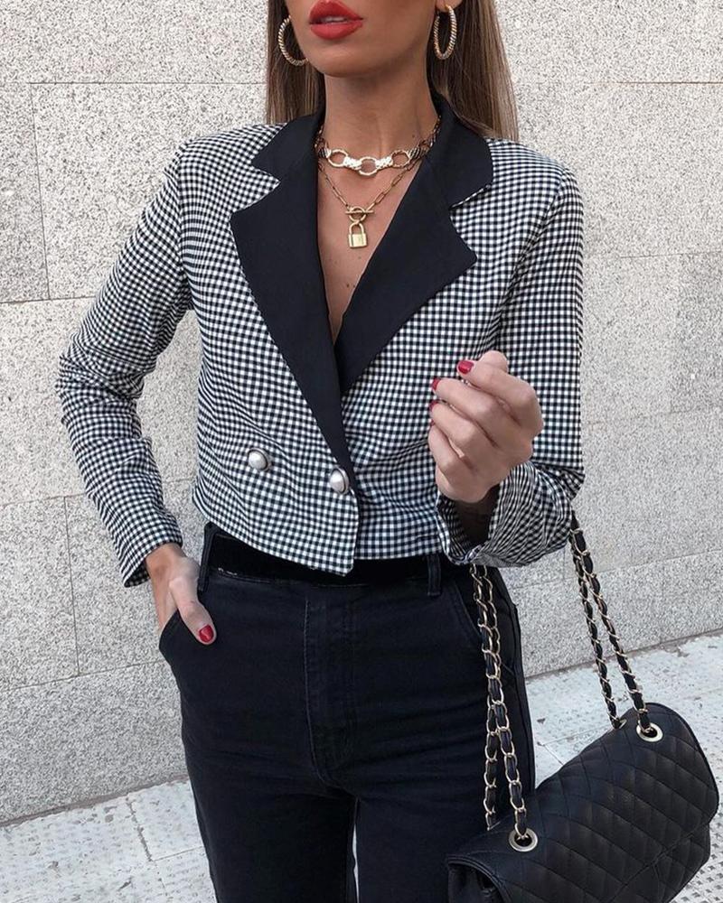 

Plaid Button Design Blazer Coat, Black