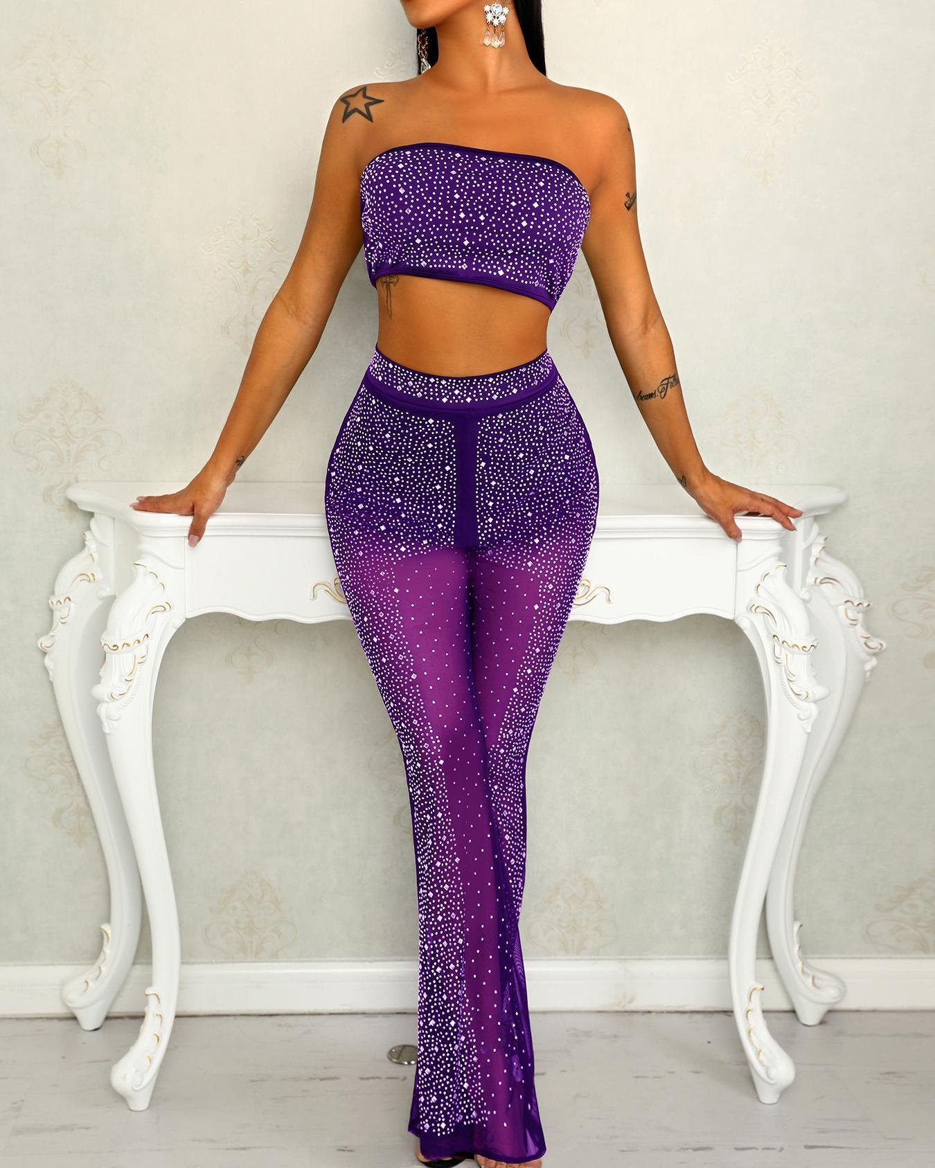 

Sheer Hot Stamping Strapless Crop Top & Pant Sets