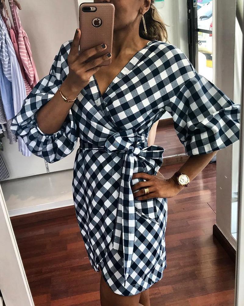 

Grid Lantern Sleeve Belted Dress