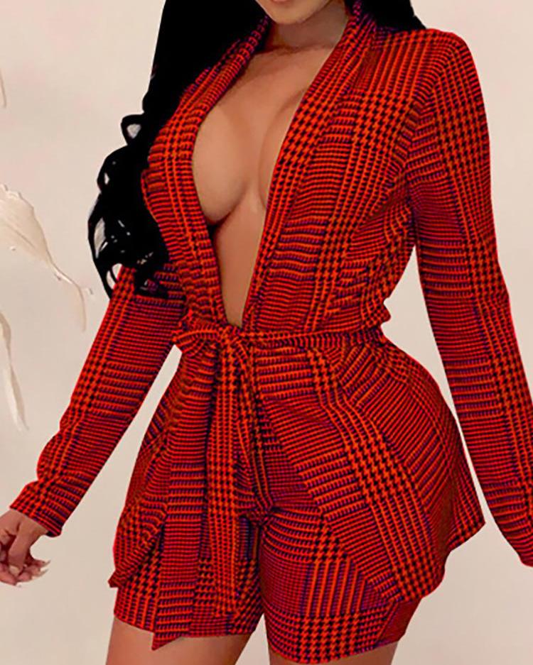 

Plaid Open Front Belted Blazer & Short Sets, Red