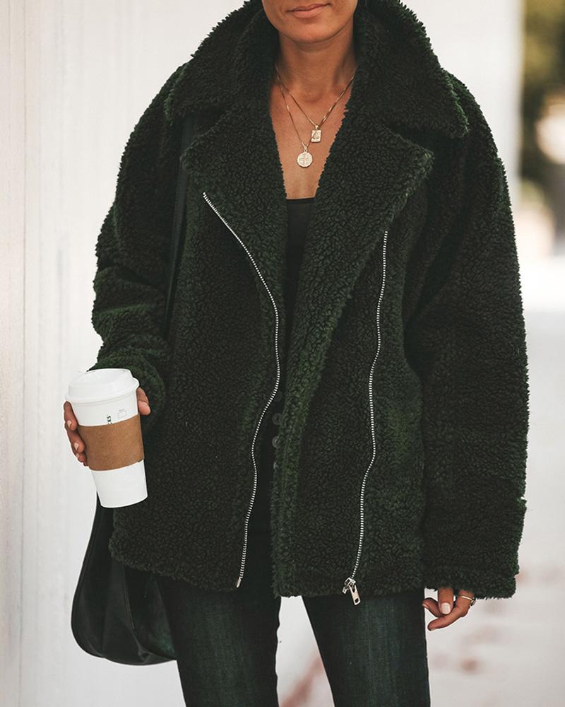 

Fleece Zipper Design Long Sleeve Coat, Dark green