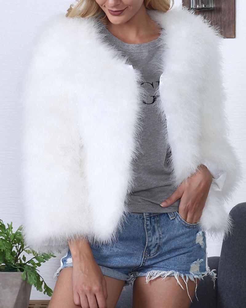 

Warm Solid Fluffy Cropped Coat, White
