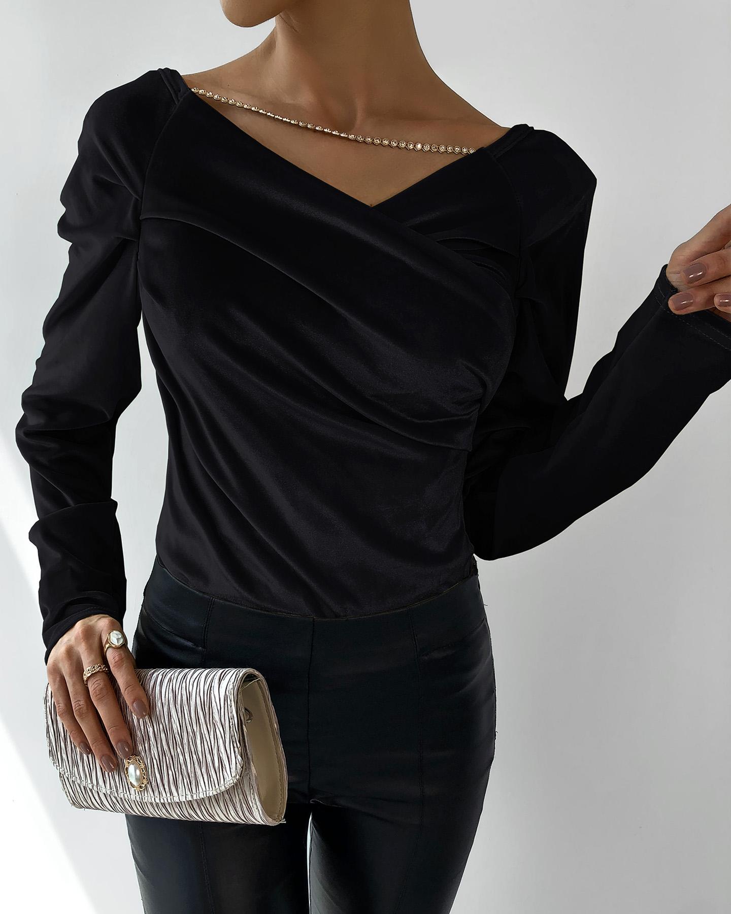 

Plain Cutout Long Sleeve Wrap Top, Black