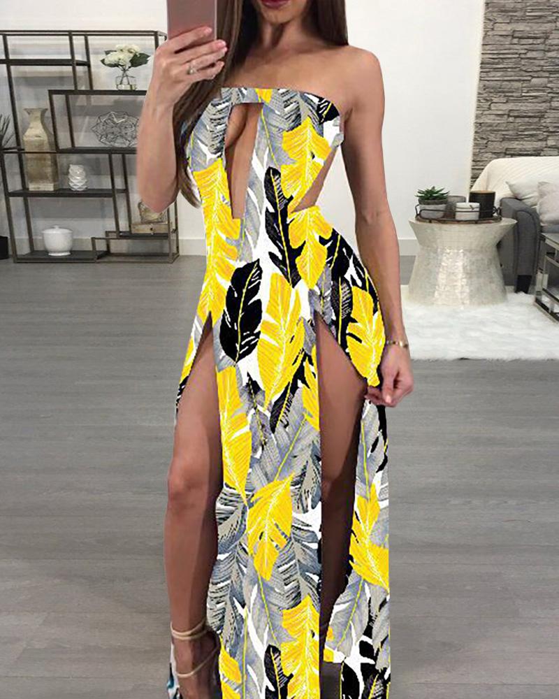 

Leaf Print Cutout High Slit Strapless Maxi Dress, Yellow