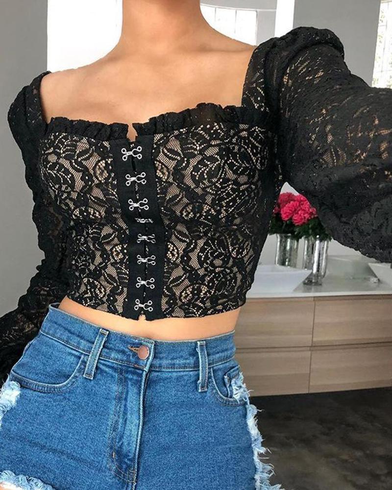 

Square Neck Lace Crop Top, Black