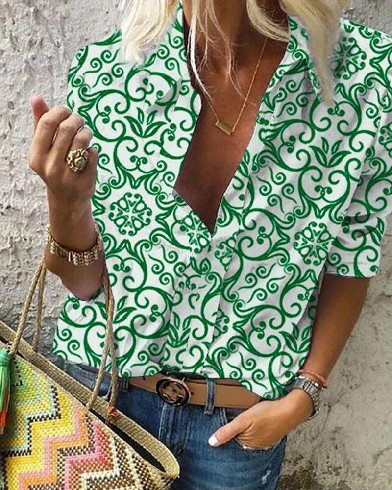 

Floral Print Button Down Blouse, Green