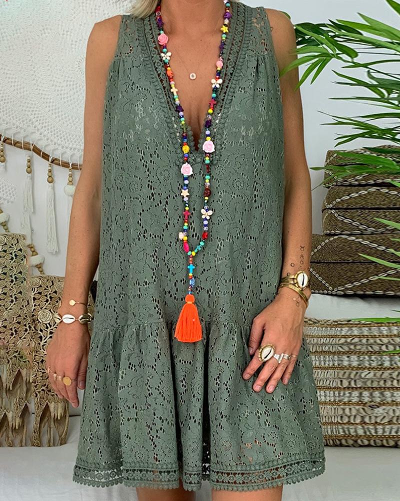 

V Neck Sleeveless Loose Lace Short Dress, Green