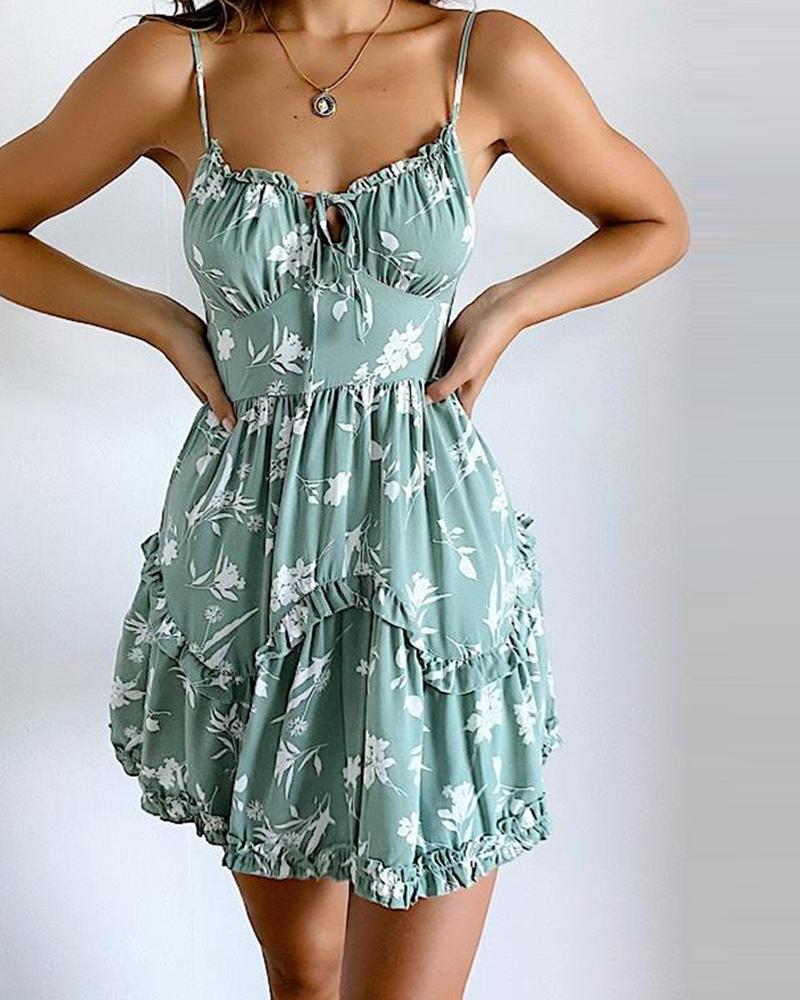 

Floral Tie Front Ruffle Dress, Green