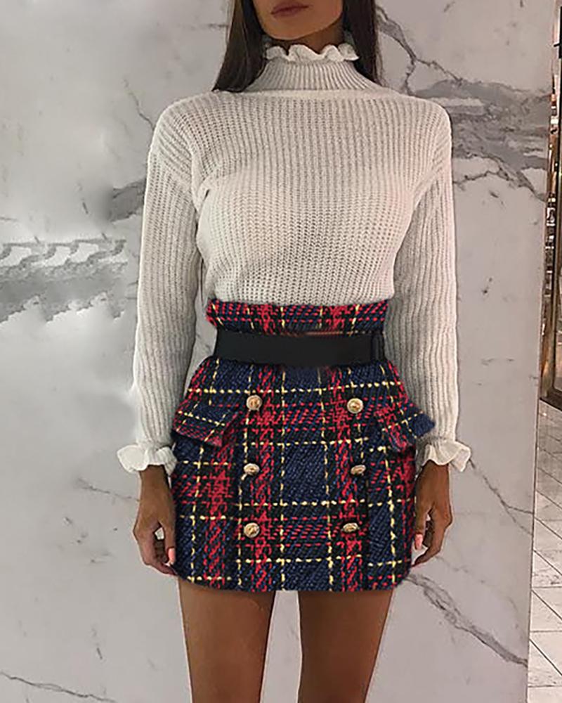 

Grid Buttoned Casual Mini Skirt, Multicolor
