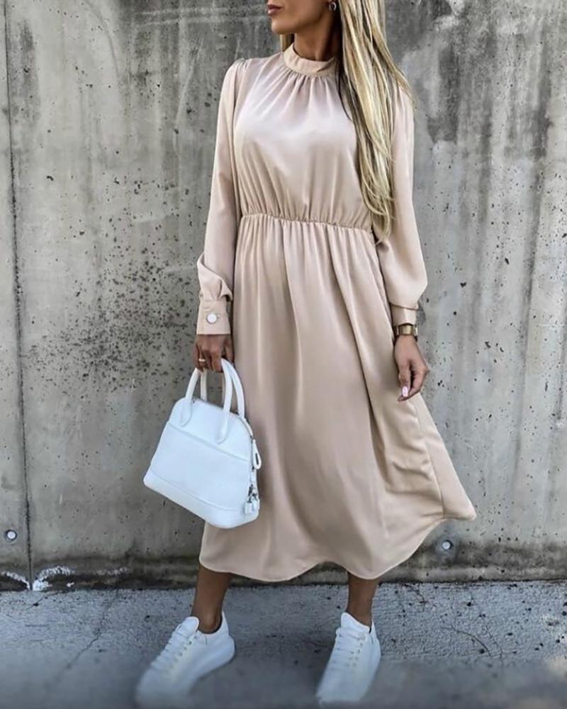 

Solid Satin Cinched Waist Long Sleeve Dress, Apricot