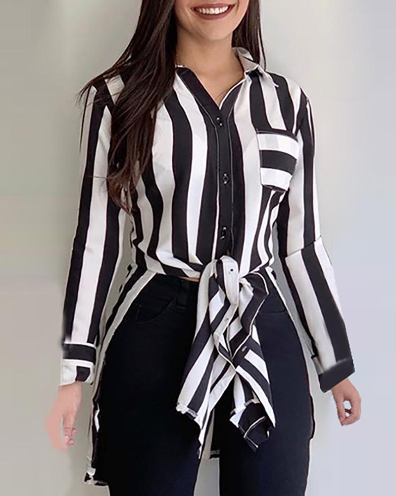 

Striped Button Knotted Design Shirt, Black