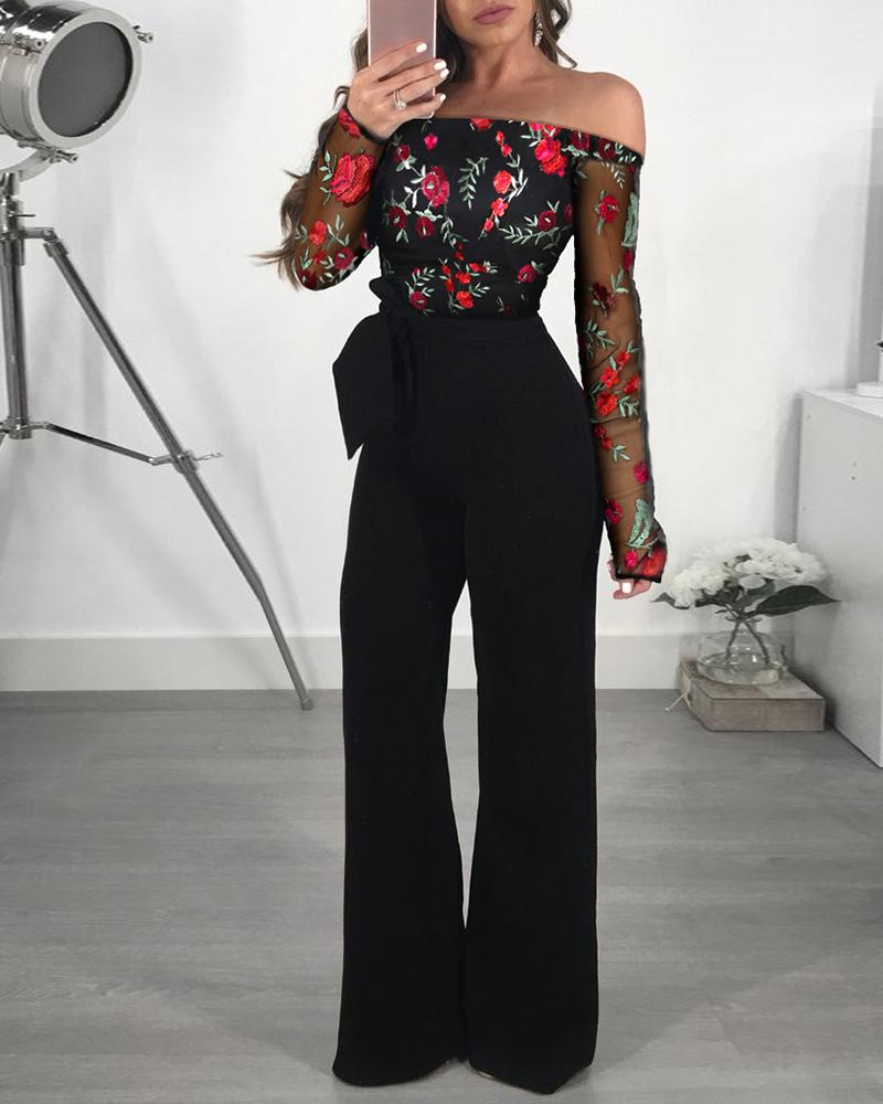 

Off Shoulder Mesh Floral Embroidery Jumpsuit, Black