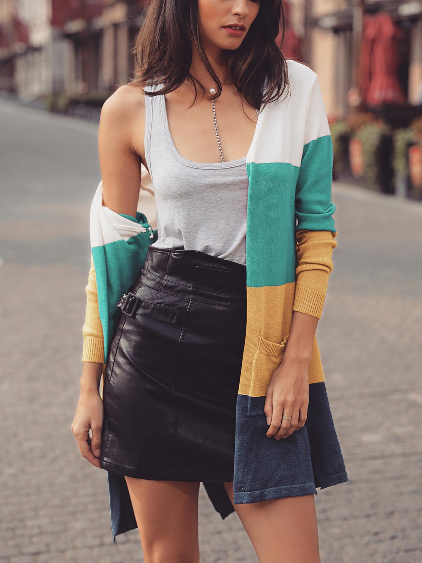 

Colorblock Striped Open Front Casual Cardigan, Blue