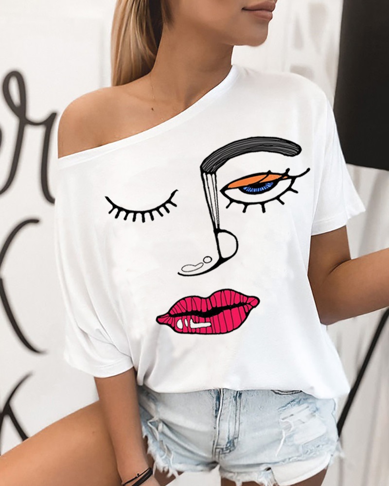 

Figure Print Short Sleeve Casual T-shirt, White