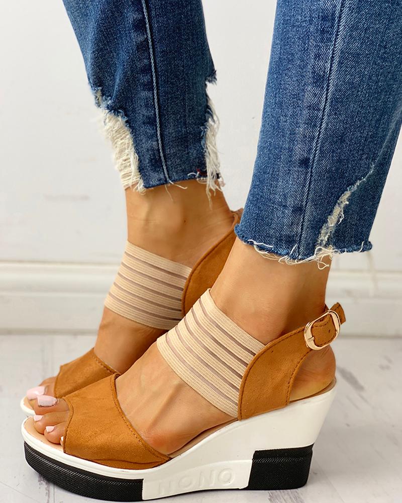 

Suede Elastic Mesh Wedge Sandals, Brown