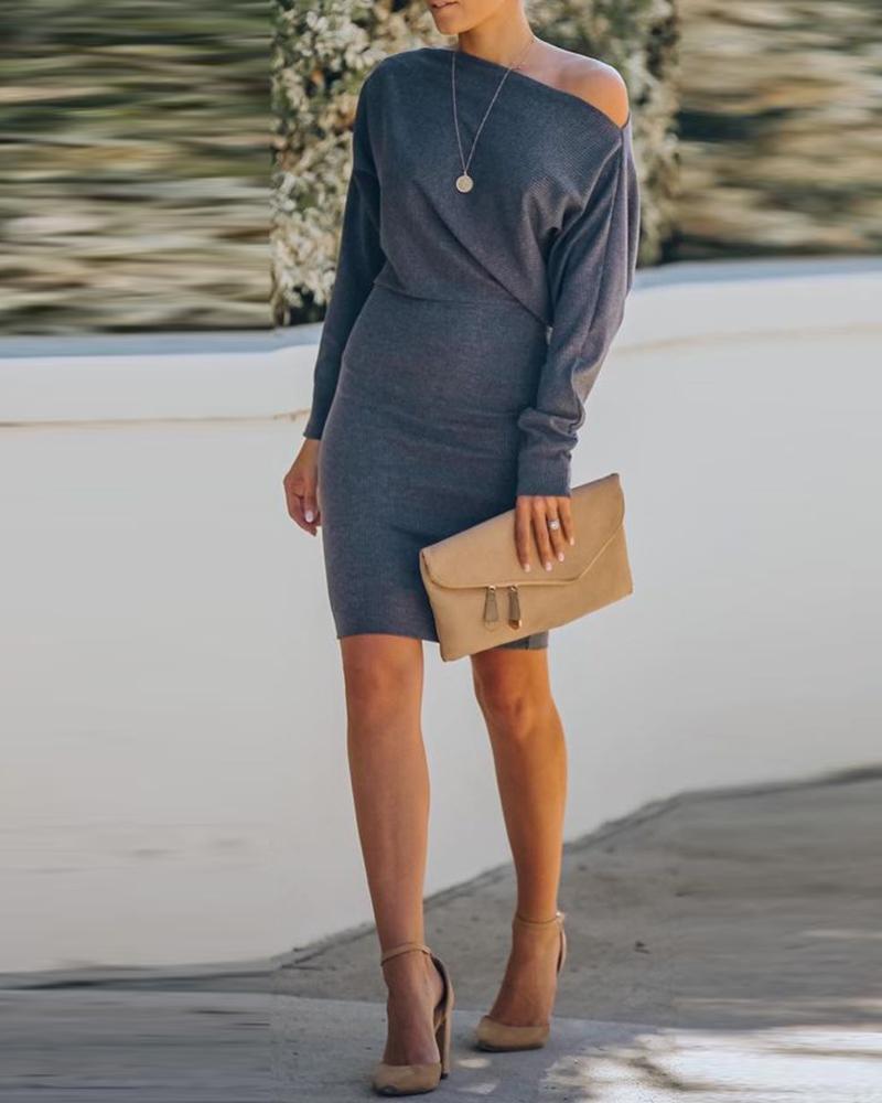 

Ribbed Plain Long Sleeve Casual Dress, Dark grey