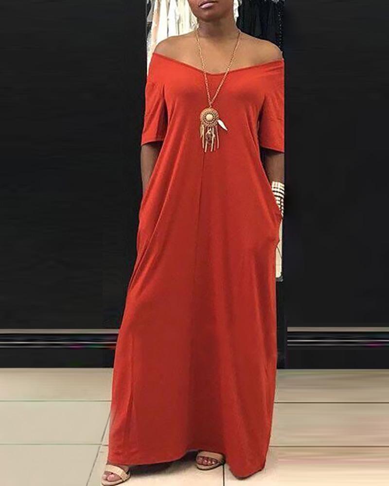 

Short Sleeve V-neck Casual Dress, Wine red
