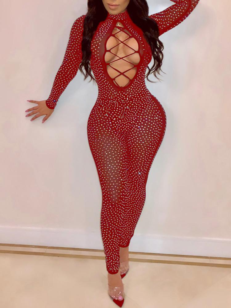 

Hot Drilling Sheer Mesh Lace-Up Jumpsuit