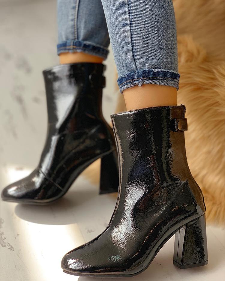 

PU Snap-Button Chunky Heeled Boots, Black