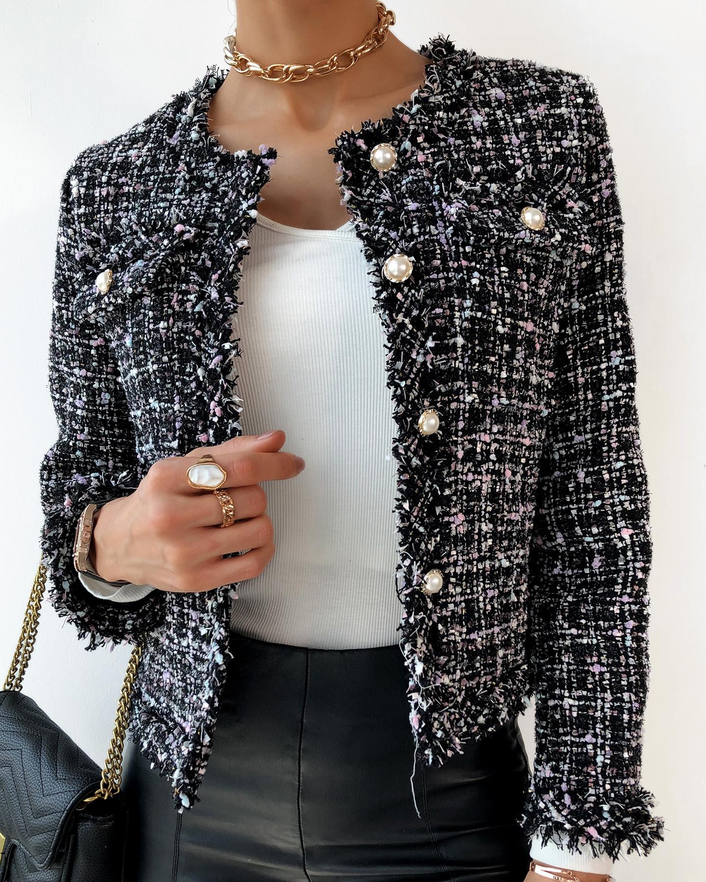 

Beadwd Button Design Tassel Tweed Coat, Black