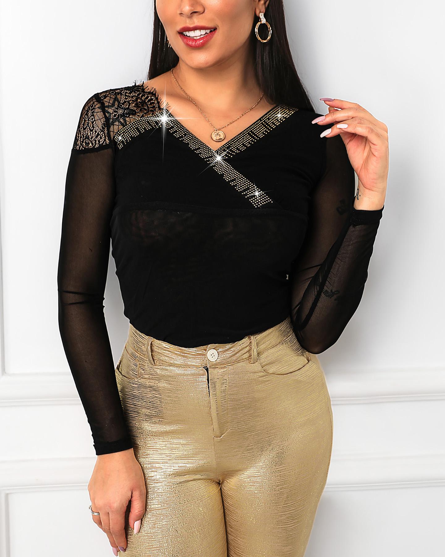 

Sheer Mesh Lace Glitter Studded Blouse, Black