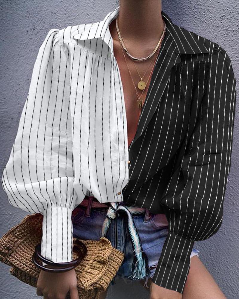 

Colorblock Striped Lantern Sleeve Casual Shirt, Black&white