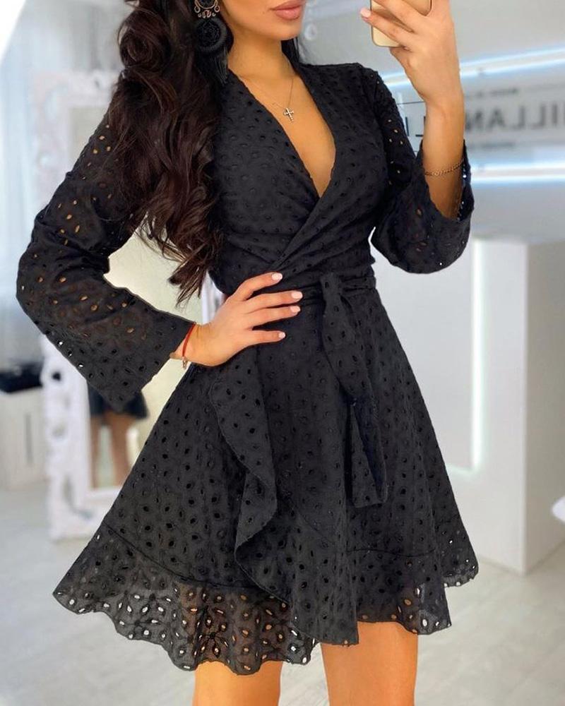 

V Neck Layered Ruffles Hollow Out Skater Dress, Black